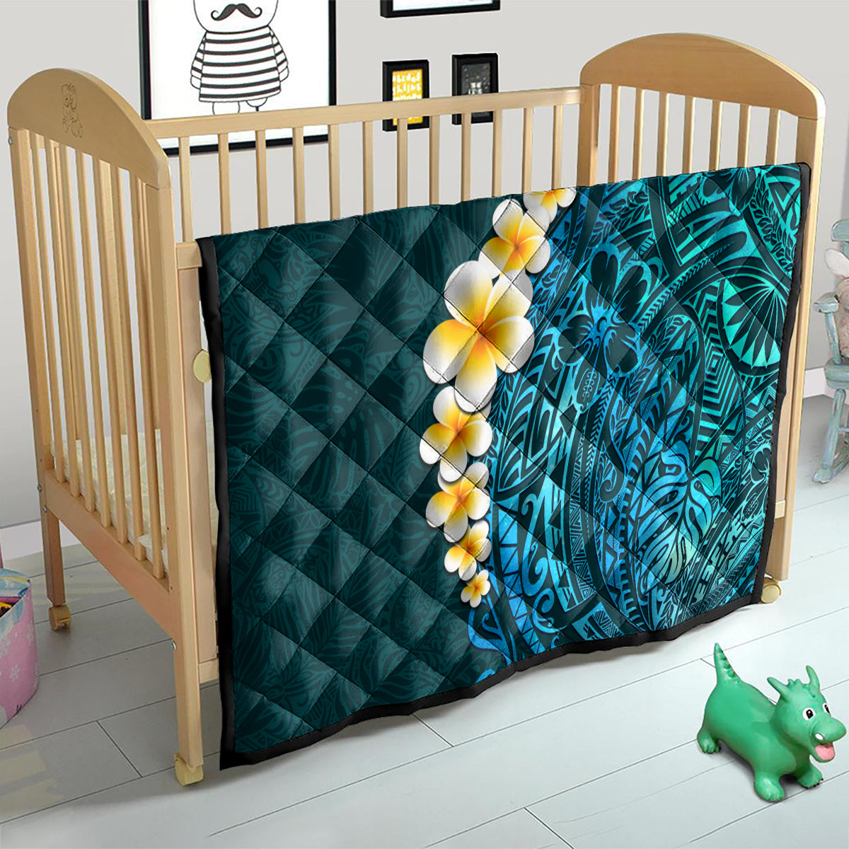 Turquosie Polynesia Quilt Plumeria Tropical Leaves With Galaxy Polynesian Art - Wonder Print Shop