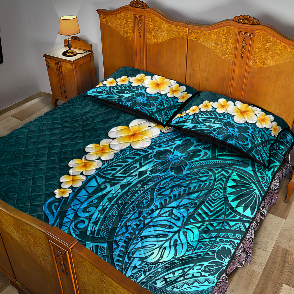 Turquosie Polynesia Quilt Bed Set Plumeria Tropical Leaves With Galaxy Polynesian Art - Wonder Print Shop