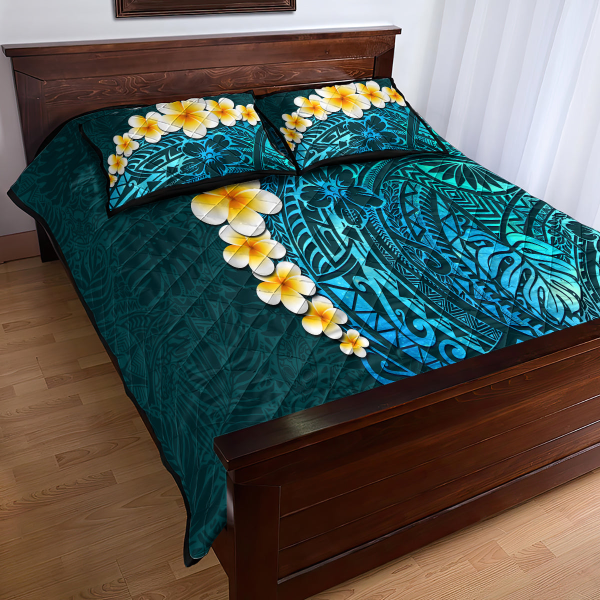 Turquosie Polynesia Quilt Bed Set Plumeria Tropical Leaves With Galaxy Polynesian Art - Wonder Print Shop