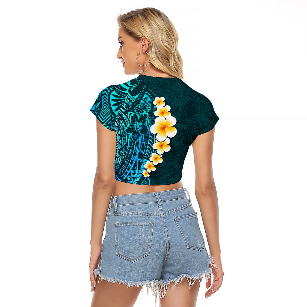 Turquosie Polynesia Raglan Cropped T Shirt Plumeria Tropical Leaves With Galaxy Polynesian Art - Wonder Print Shop