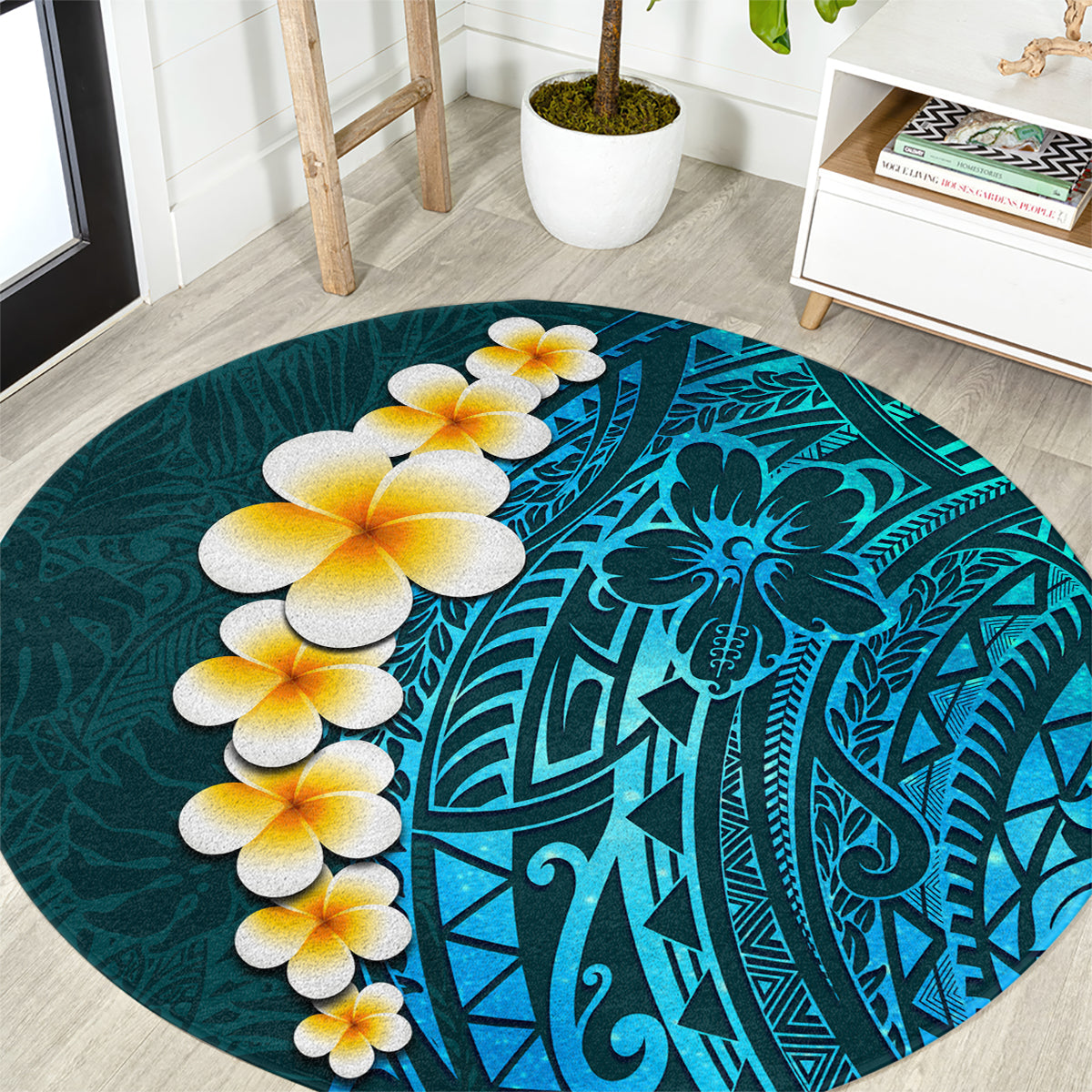 turquosie-polynesia-round-carpet-plumeria-tropical-leaves-with-galaxy-polynesian-art