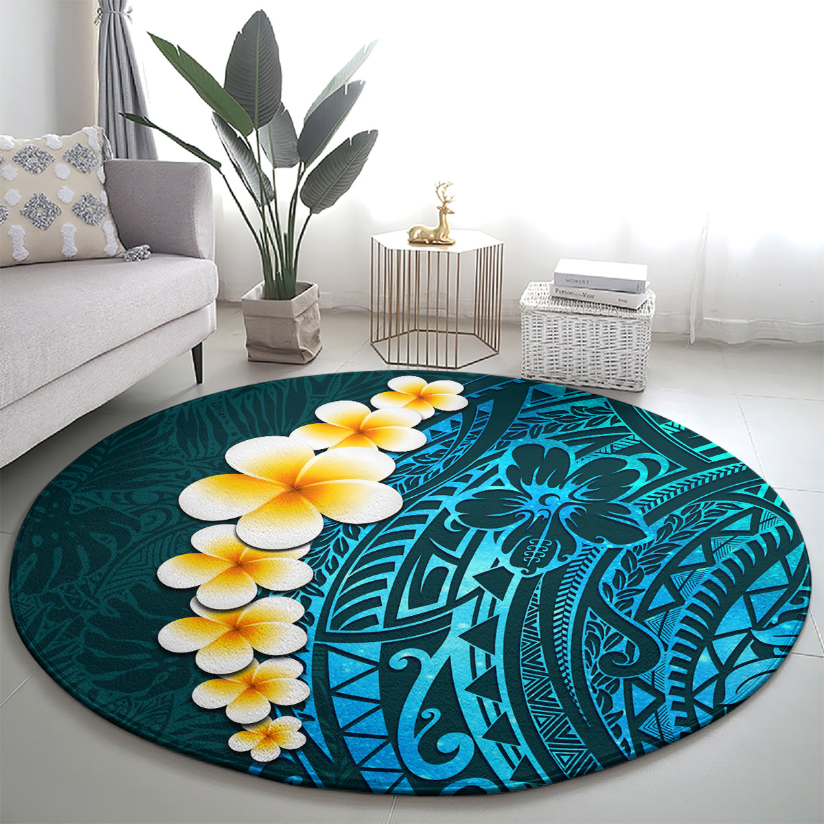 turquosie-polynesia-round-carpet-plumeria-tropical-leaves-with-galaxy-polynesian-art