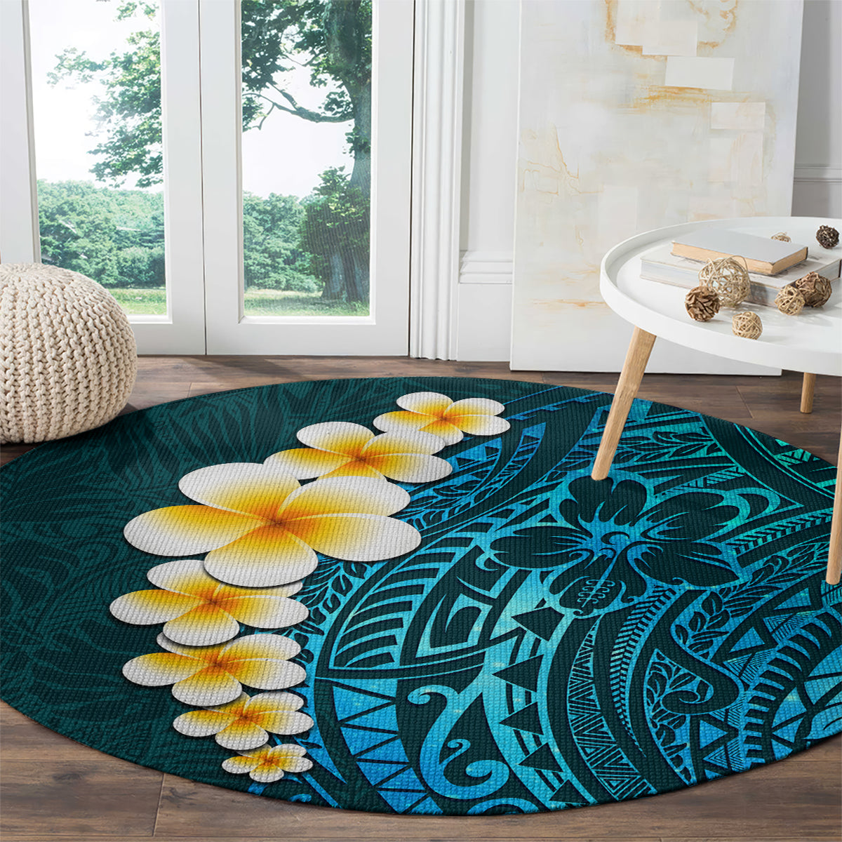 turquosie-polynesia-round-carpet-plumeria-tropical-leaves-with-galaxy-polynesian-art