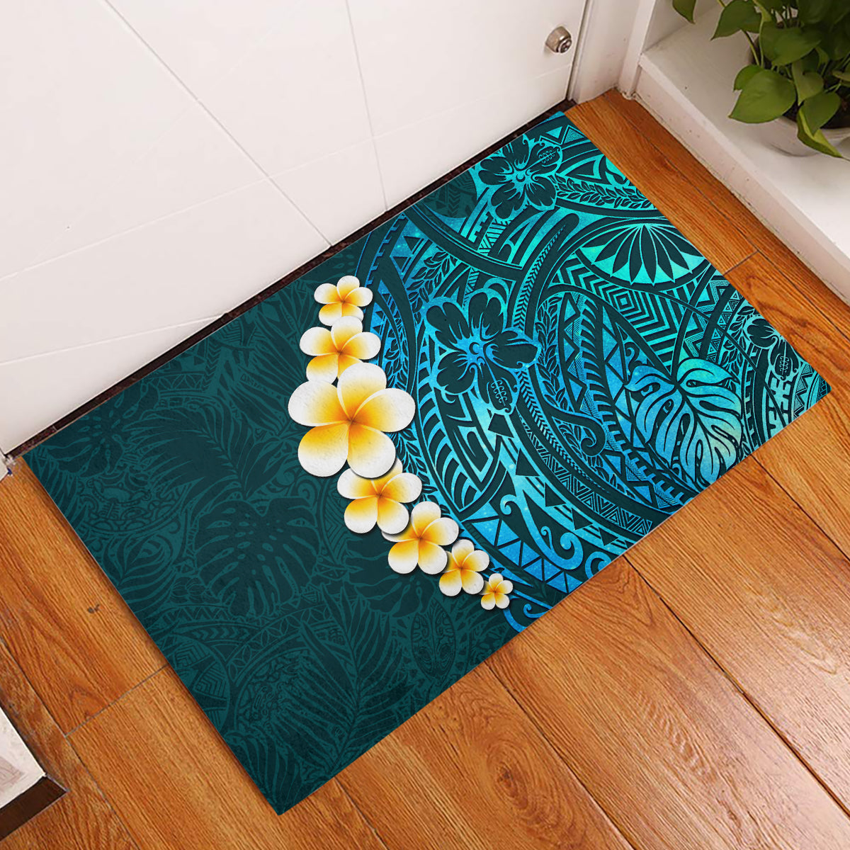 Turquosie Polynesia Rubber Doormat Plumeria Tropical Leaves With Galaxy Polynesian Art - Wonder Print Shop