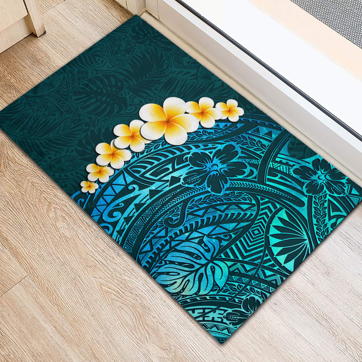 Turquosie Polynesia Rubber Doormat Plumeria Tropical Leaves With Galaxy Polynesian Art - Wonder Print Shop