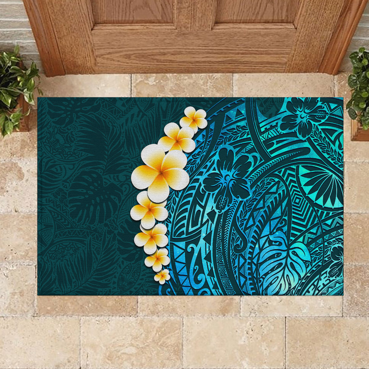 Turquosie Polynesia Rubber Doormat Plumeria Tropical Leaves With Galaxy Polynesian Art - Wonder Print Shop