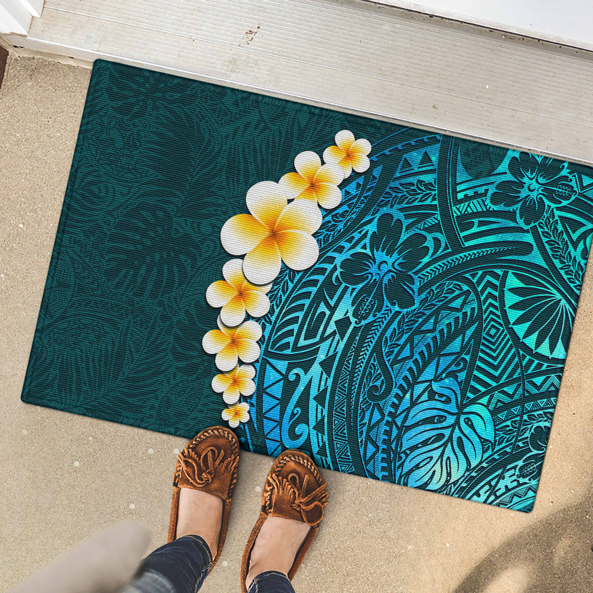 Turquosie Polynesia Rubber Doormat Plumeria Tropical Leaves With Galaxy Polynesian Art - Wonder Print Shop