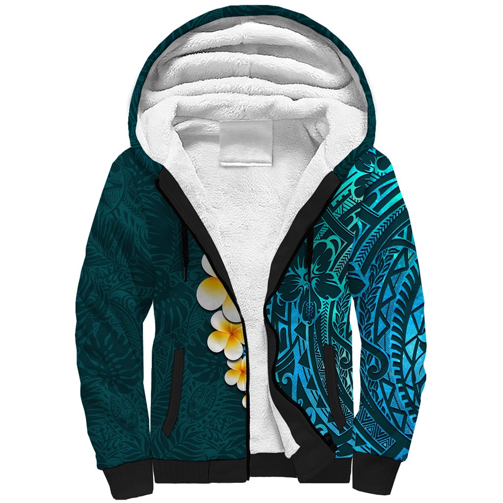 Turquosie Polynesia Sherpa Hoodie Plumeria Tropical Leaves With Galaxy Polynesian Art - Wonder Print Shop