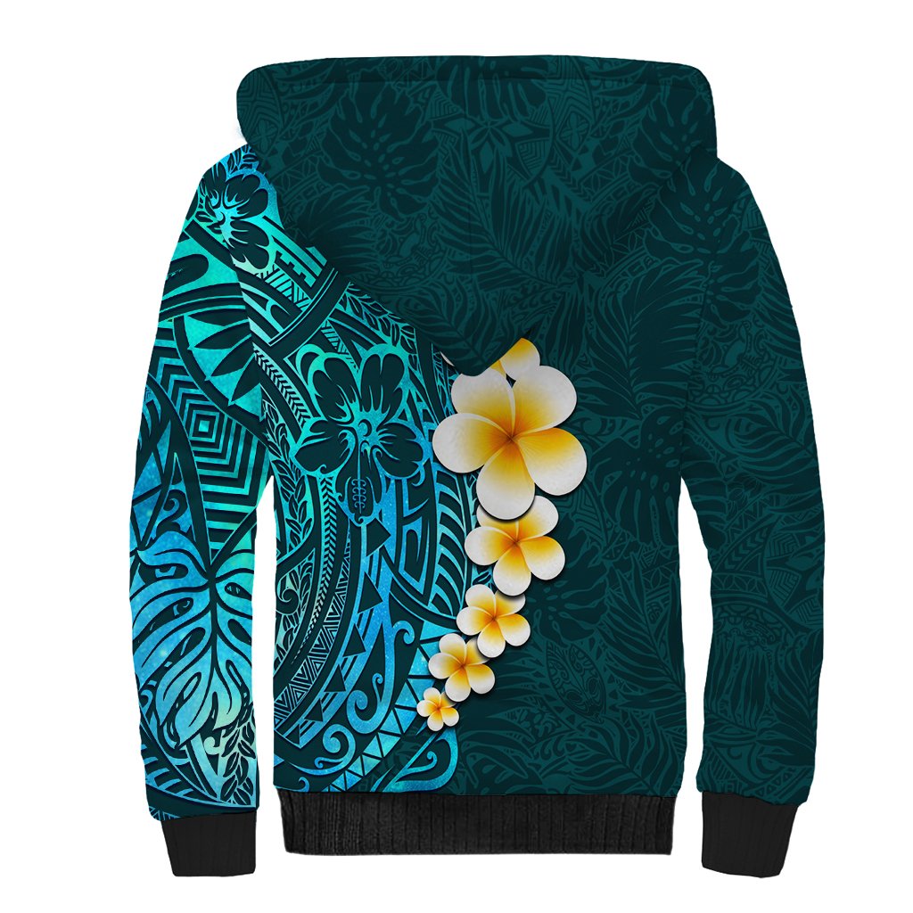 Turquosie Polynesia Sherpa Hoodie Plumeria Tropical Leaves With Galaxy Polynesian Art - Wonder Print Shop