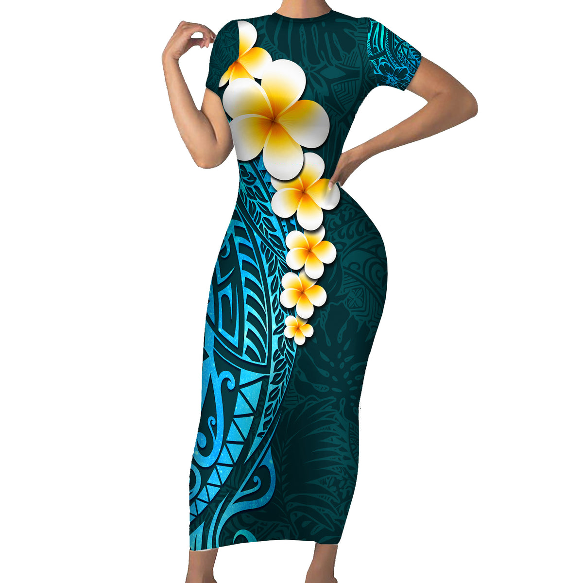 Turquosie Polynesia Short Sleeve Bodycon Dress Plumeria Tropical Leaves With Galaxy Polynesian Art - Wonder Print Shop