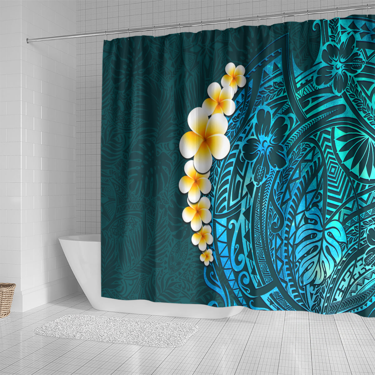 turquosie-polynesia-shower-curtain-plumeria-tropical-leaves-with-galaxy-polynesian-art