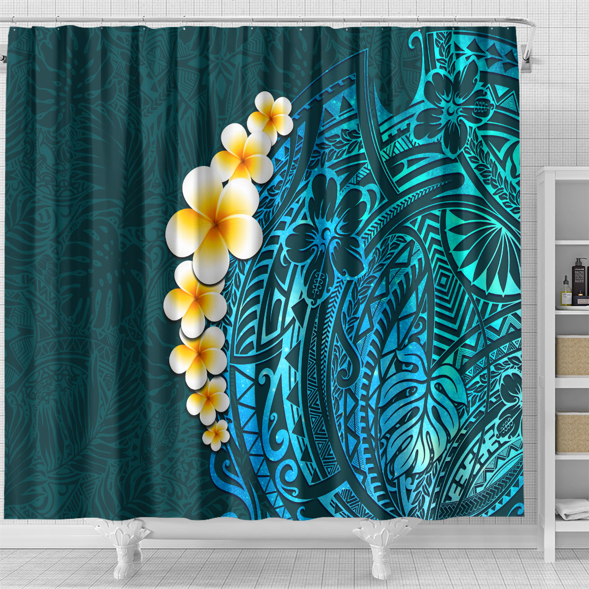 turquosie-polynesia-shower-curtain-plumeria-tropical-leaves-with-galaxy-polynesian-art