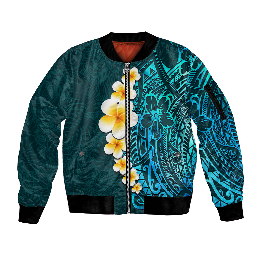 Turquosie Polynesia Sleeve Zip Bomber Jacket Plumeria Tropical Leaves With Galaxy Polynesian Art - Wonder Print Shop