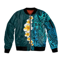 Turquosie Polynesia Sleeve Zip Bomber Jacket Plumeria Tropical Leaves With Galaxy Polynesian Art - Wonder Print Shop