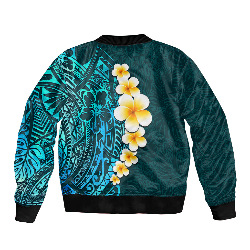Turquosie Polynesia Sleeve Zip Bomber Jacket Plumeria Tropical Leaves With Galaxy Polynesian Art - Wonder Print Shop
