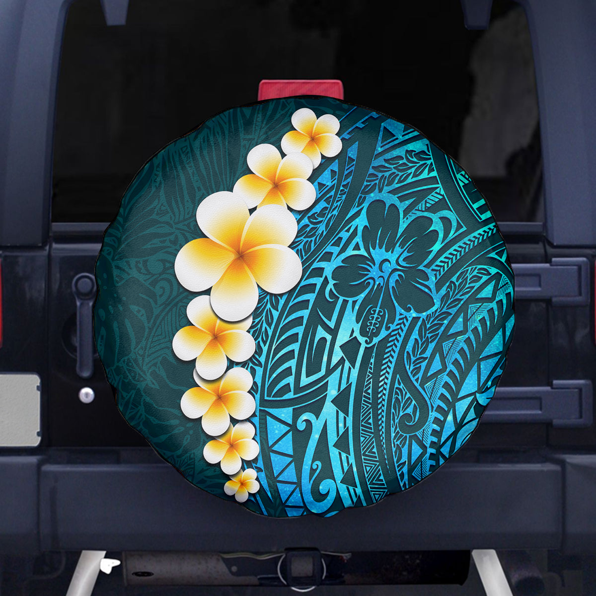 Turquosie Polynesia Spare Tire Cover Plumeria Tropical Leaves With Galaxy Polynesian Art - Wonder Print Shop