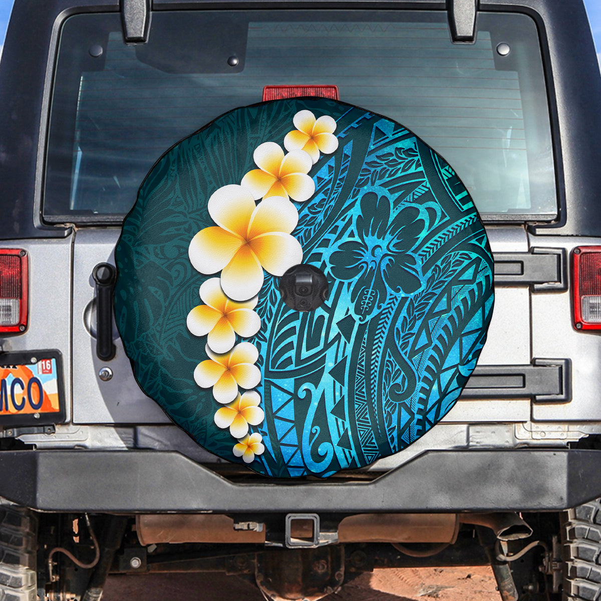 Turquosie Polynesia Spare Tire Cover Plumeria Tropical Leaves With Galaxy Polynesian Art - Wonder Print Shop