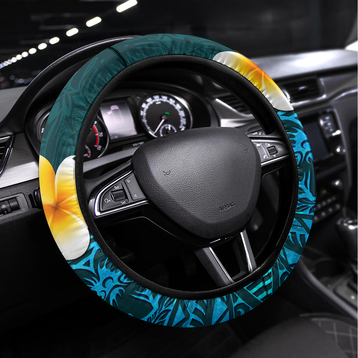 Turquosie Polynesia Steering Wheel Cover Plumeria Tropical Leaves With Galaxy Polynesian Art - Wonder Print Shop