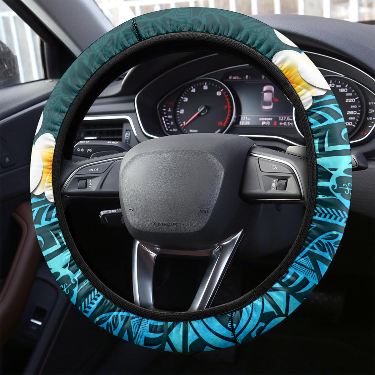 Turquosie Polynesia Steering Wheel Cover Plumeria Tropical Leaves With Galaxy Polynesian Art - Wonder Print Shop