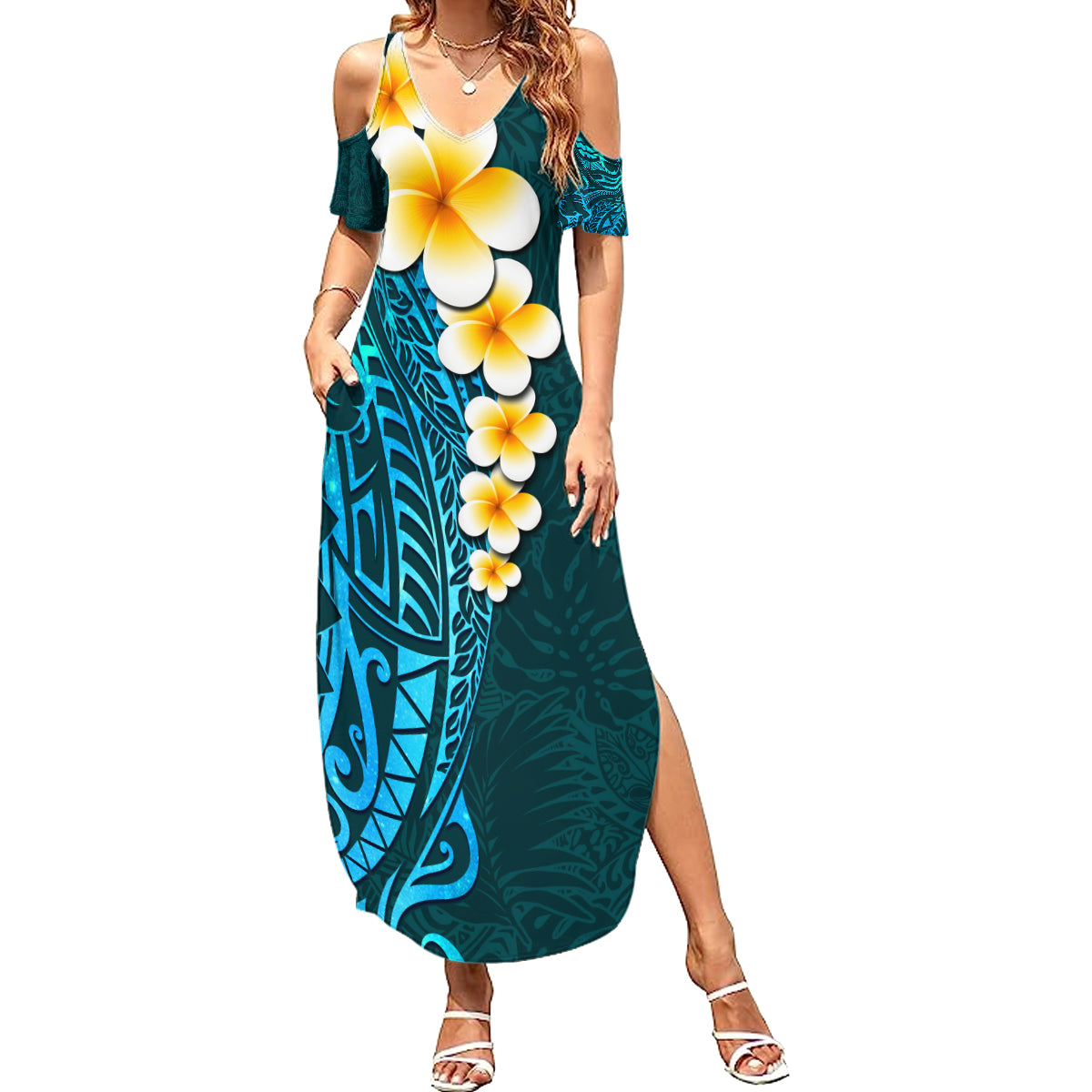Turquosie Polynesia Summer Maxi Dress Plumeria Tropical Leaves With Galaxy Polynesian Art - Wonder Print Shop