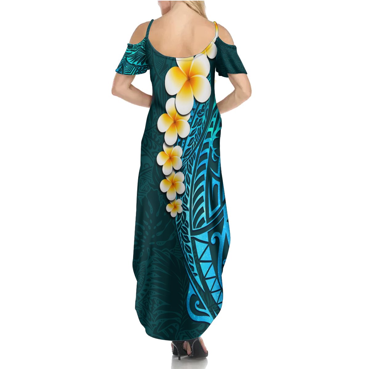 Turquosie Polynesia Summer Maxi Dress Plumeria Tropical Leaves With Galaxy Polynesian Art - Wonder Print Shop