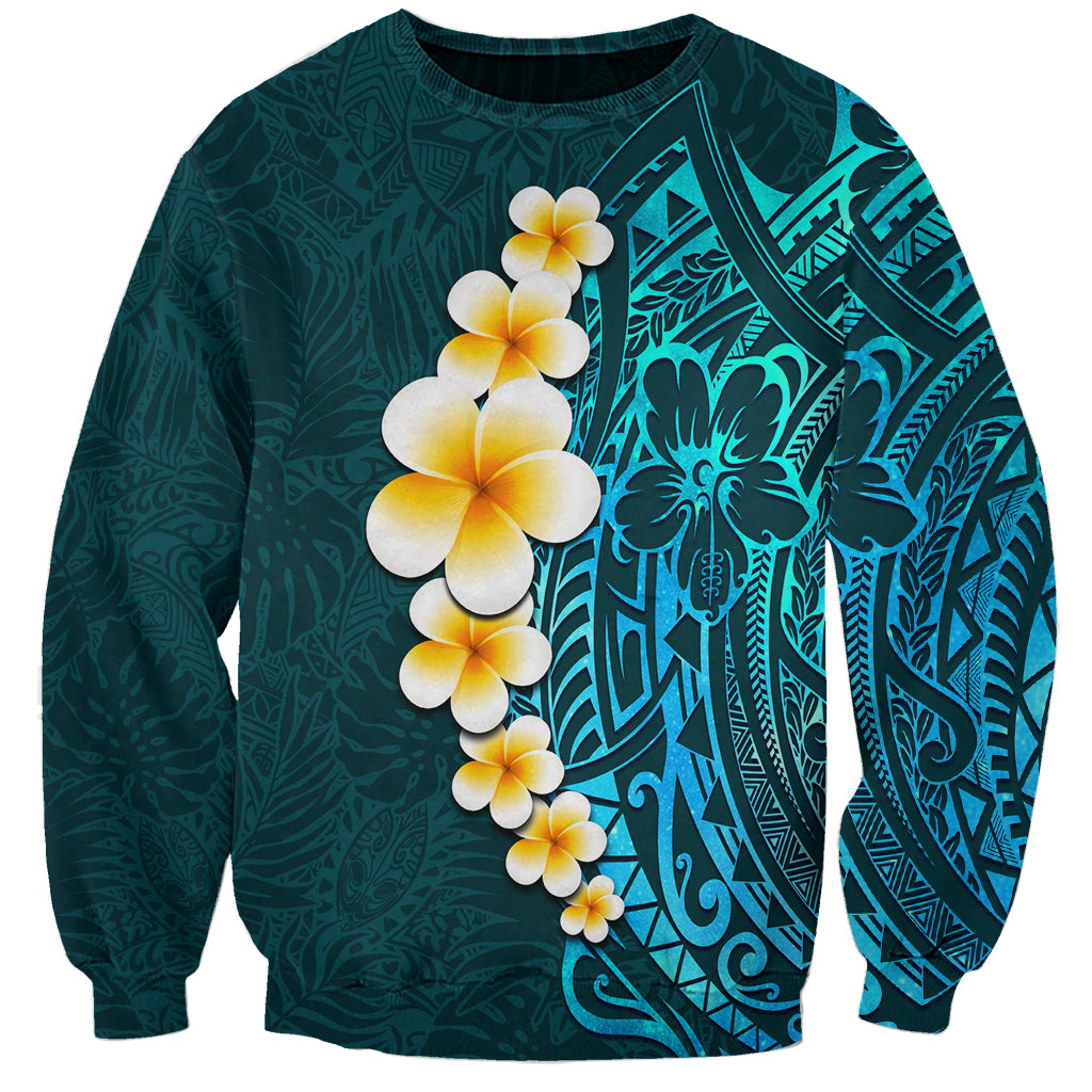 Turquosie Polynesia Sweatshirt Plumeria Tropical Leaves With Galaxy Polynesian Art - Wonder Print Shop