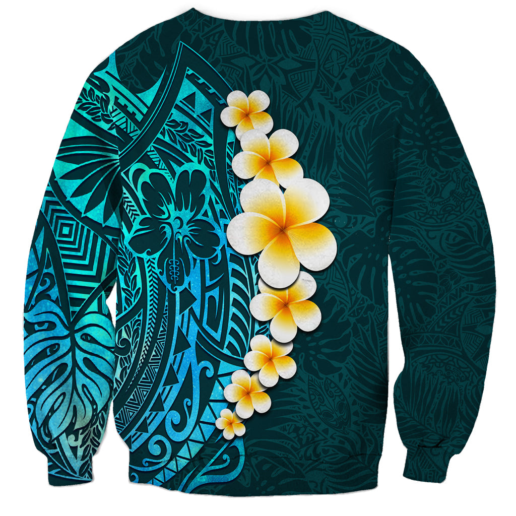 Turquosie Polynesia Sweatshirt Plumeria Tropical Leaves With Galaxy Polynesian Art - Wonder Print Shop