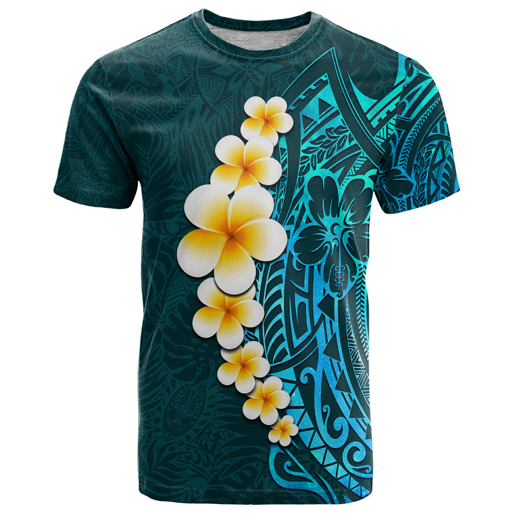 Turquosie Polynesia T Shirt Plumeria Tropical Leaves With Galaxy Polynesian Art - Wonder Print Shop