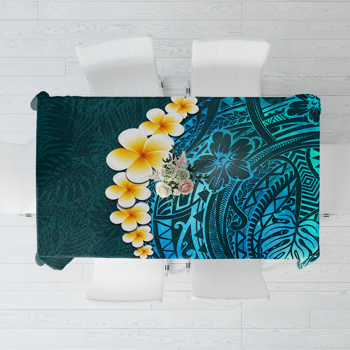 Turquosie Polynesia Tablecloth Plumeria Tropical Leaves With Galaxy Polynesian Art - Wonder Print Shop