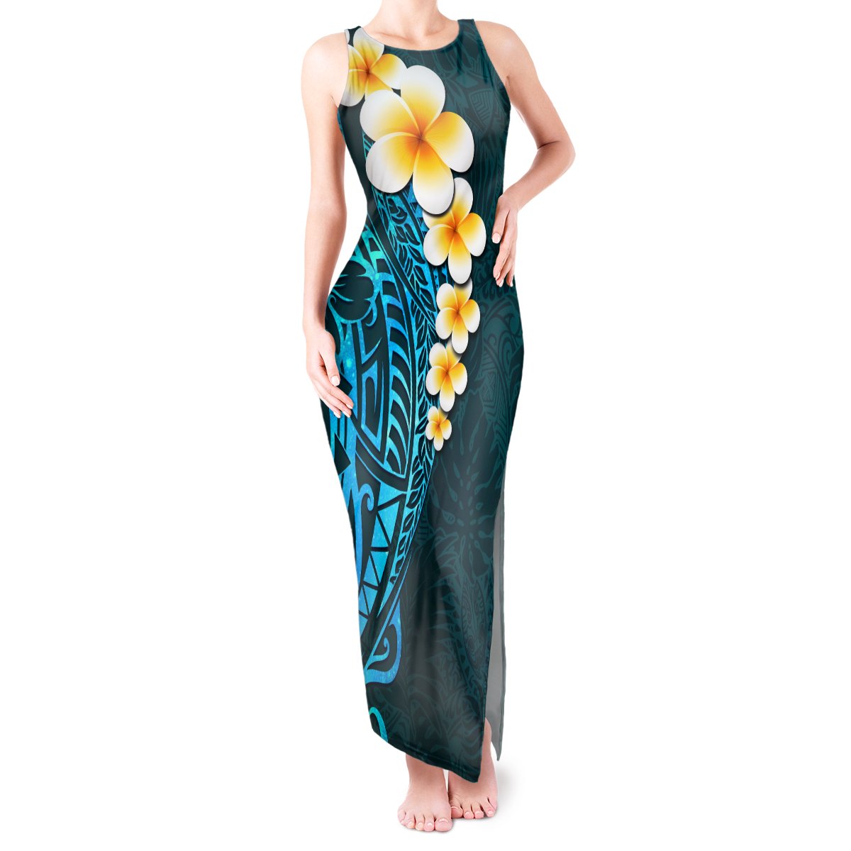 Turquosie Polynesia Tank Maxi Dress Plumeria Tropical Leaves With Galaxy Polynesian Art - Wonder Print Shop