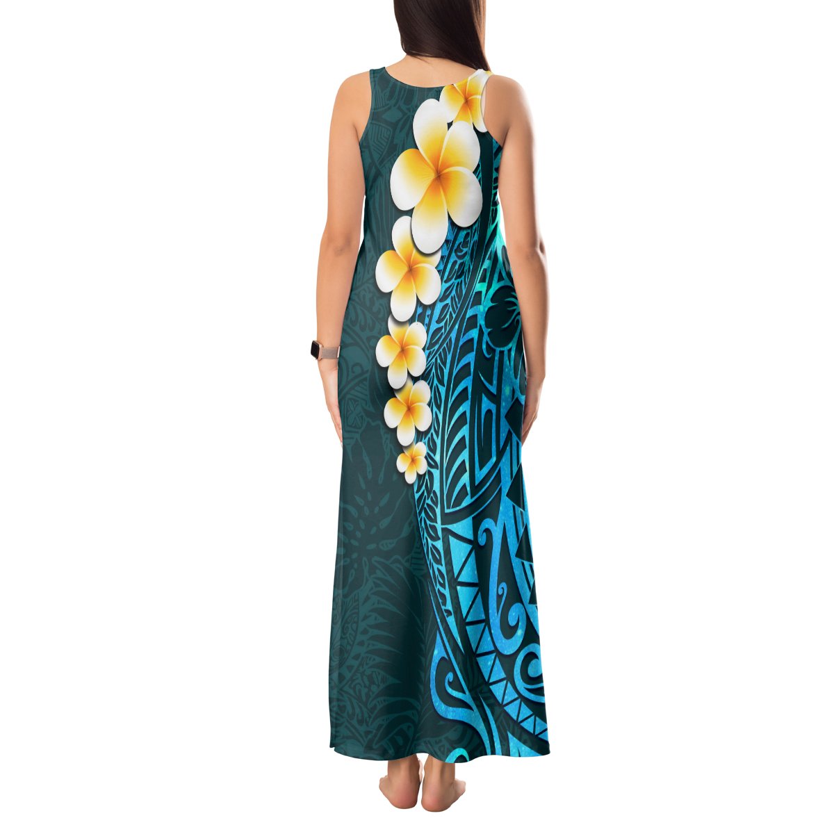 Turquosie Polynesia Tank Maxi Dress Plumeria Tropical Leaves With Galaxy Polynesian Art - Wonder Print Shop