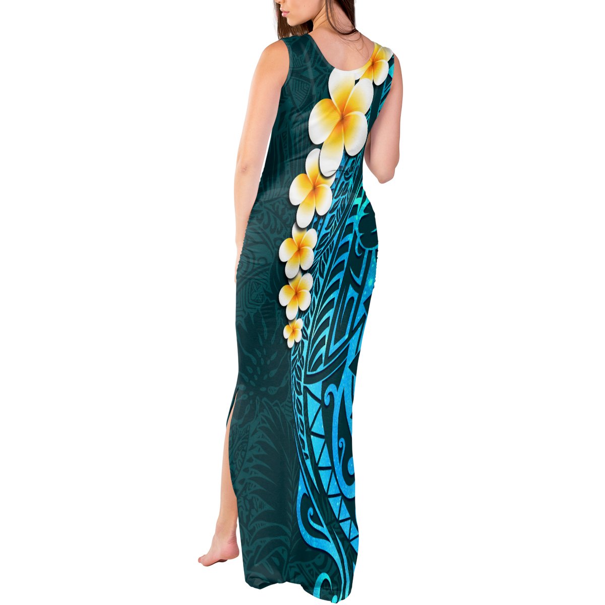 Turquosie Polynesia Tank Maxi Dress Plumeria Tropical Leaves With Galaxy Polynesian Art - Wonder Print Shop
