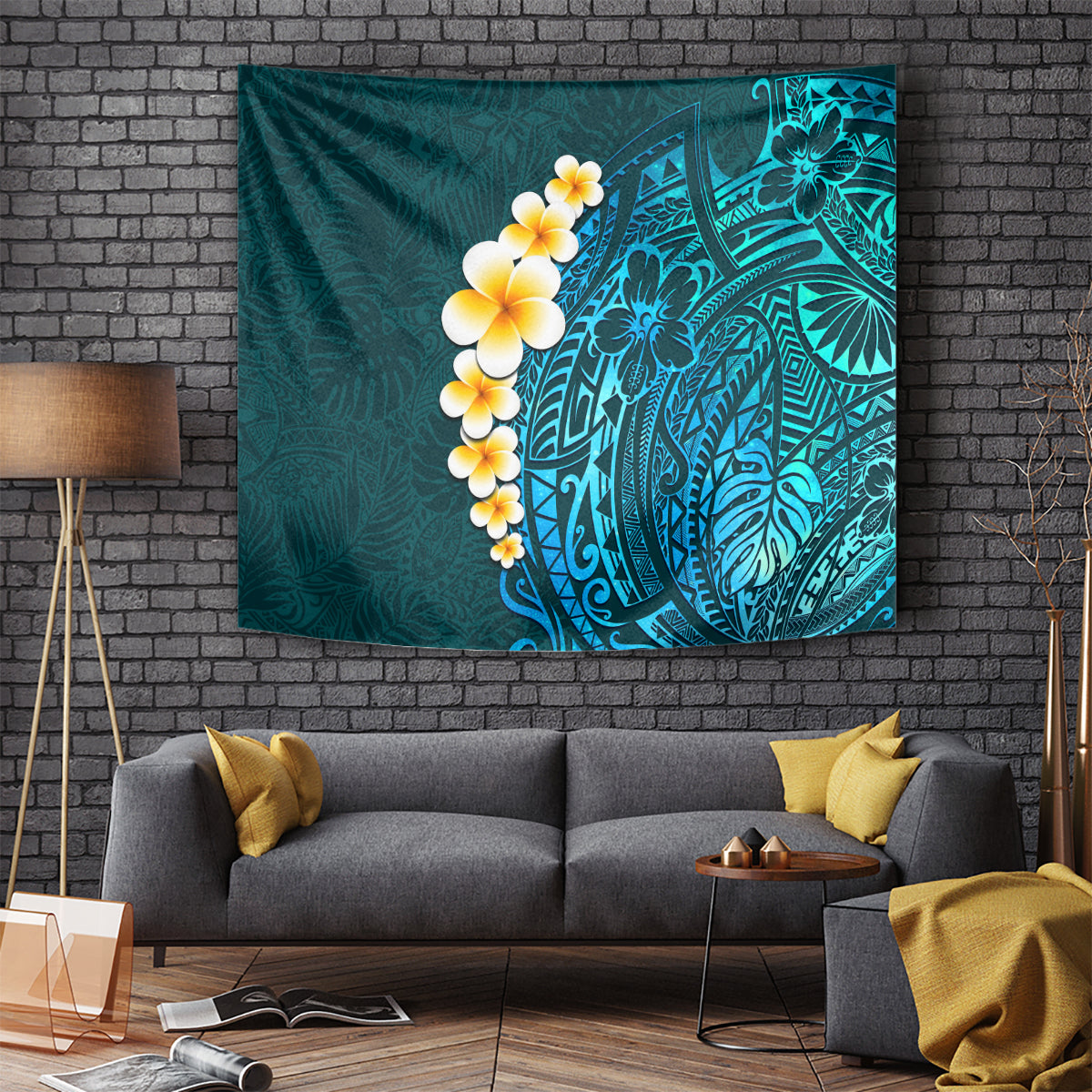 Turquosie Polynesia Tapestry Plumeria Tropical Leaves With Galaxy Polynesian Art - Wonder Print Shop