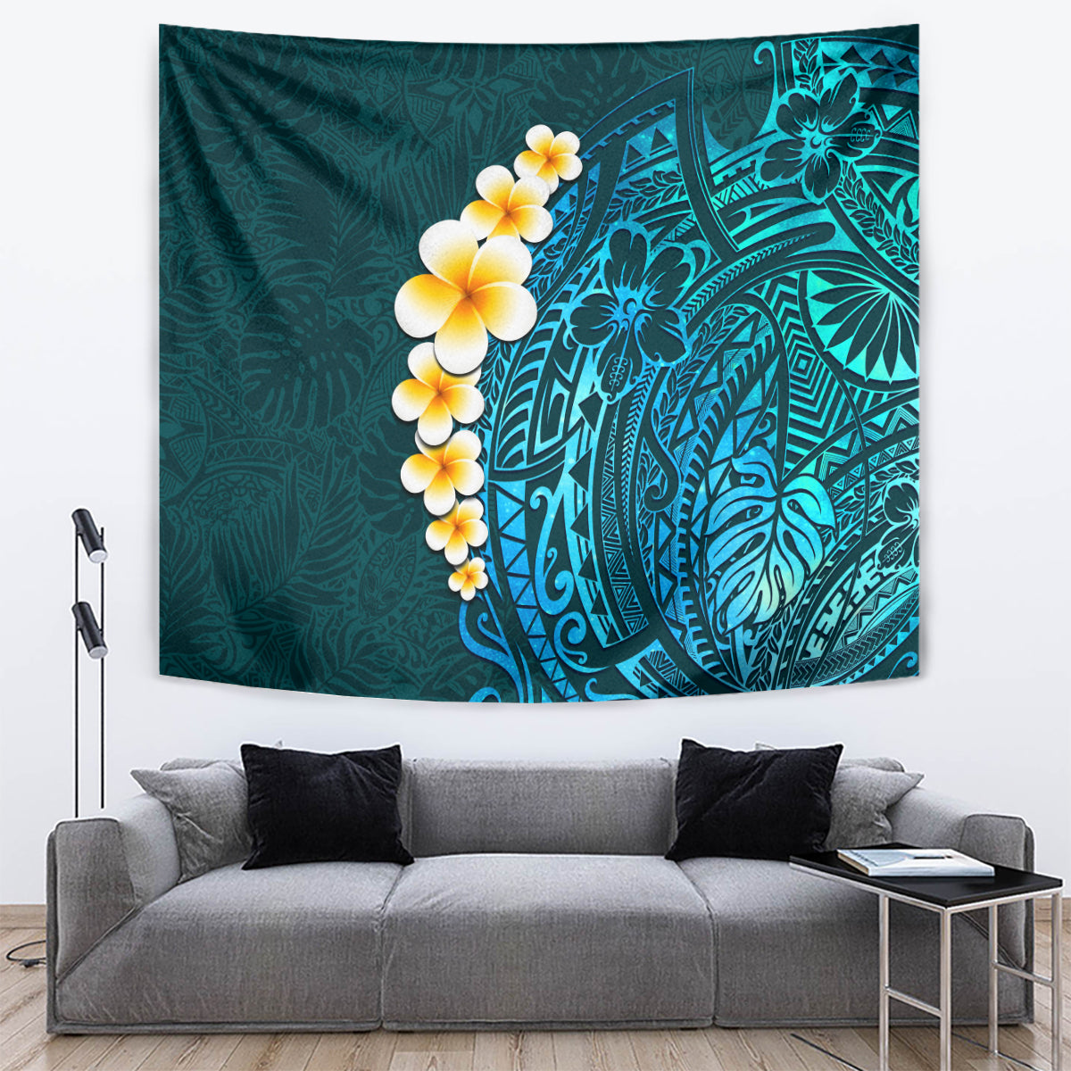 Turquosie Polynesia Tapestry Plumeria Tropical Leaves With Galaxy Polynesian Art - Wonder Print Shop