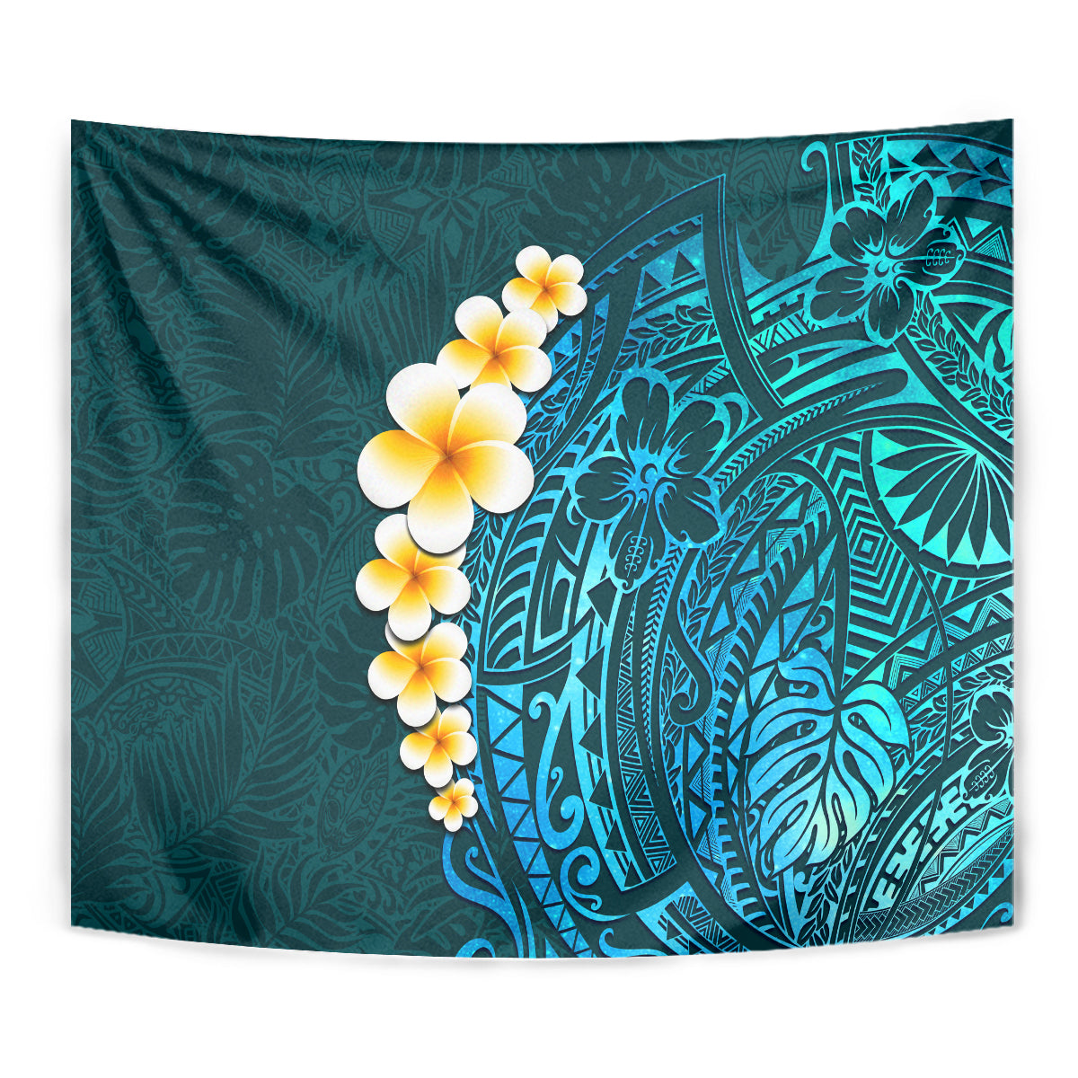 Turquosie Polynesia Tapestry Plumeria Tropical Leaves With Galaxy Polynesian Art - Wonder Print Shop