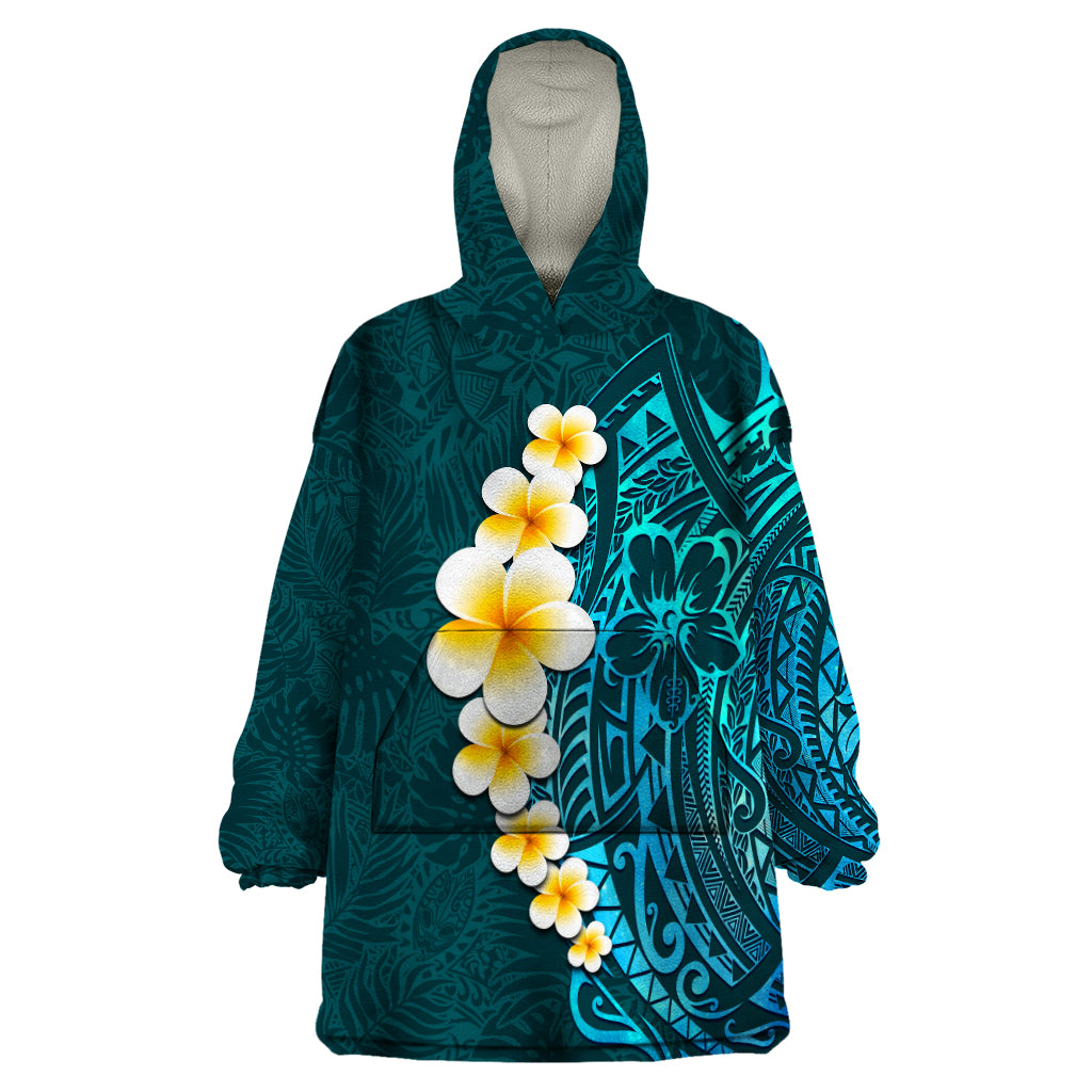 Turquosie Polynesia Wearable Blanket Hoodie Plumeria Tropical Leaves With Galaxy Polynesian Art - Wonder Print Shop