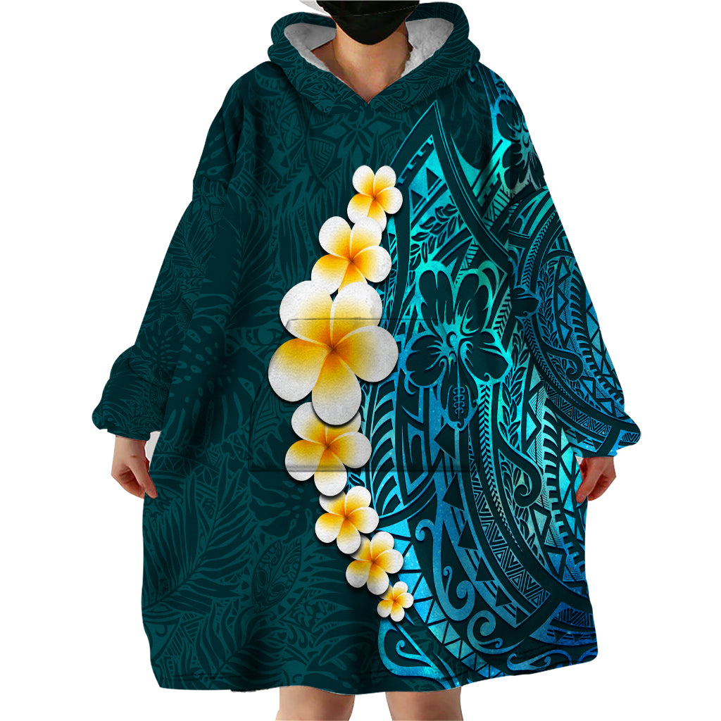 Turquosie Polynesia Wearable Blanket Hoodie Plumeria Tropical Leaves With Galaxy Polynesian Art - Wonder Print Shop