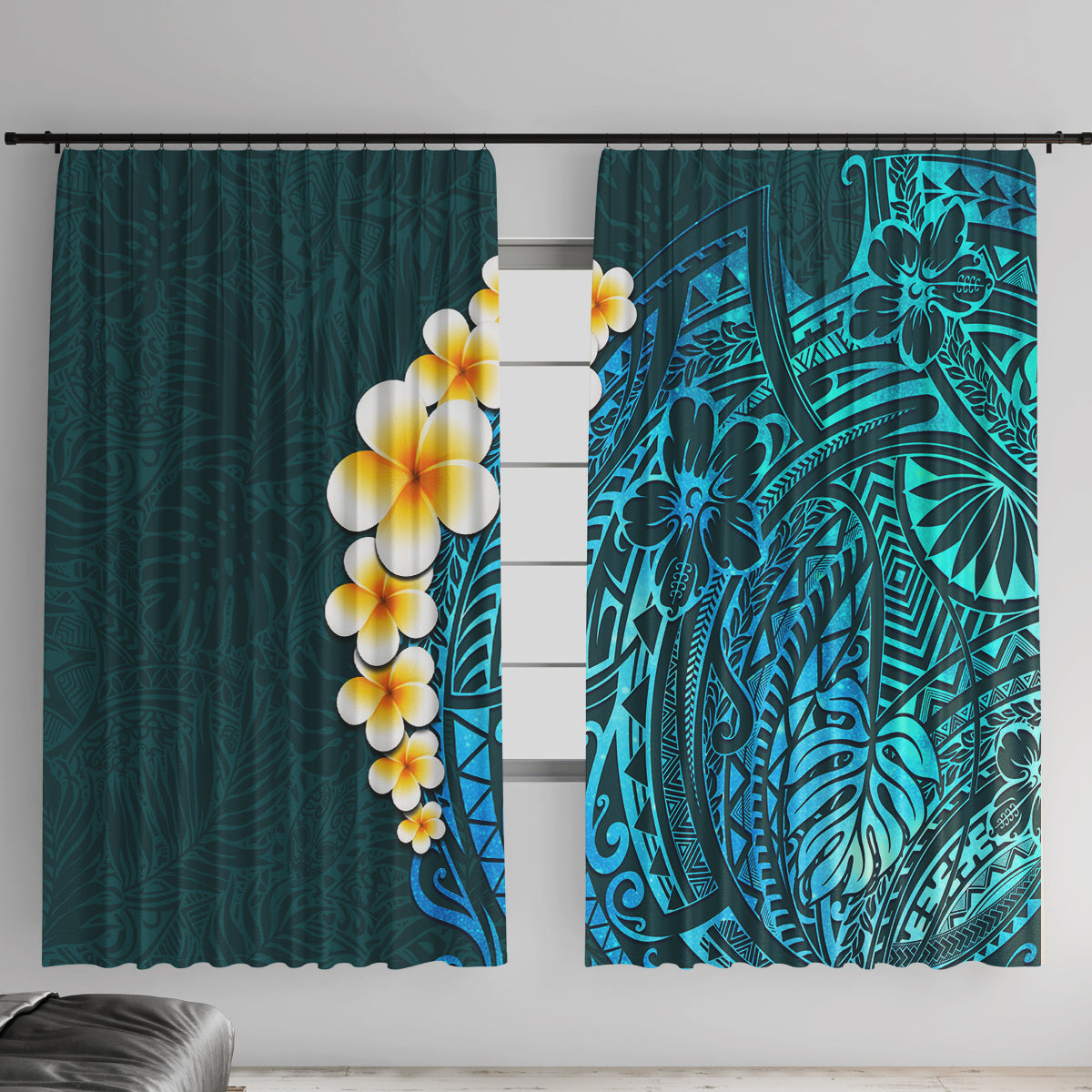 Turquosie Polynesia Window Curtain Plumeria Tropical Leaves With Galaxy Polynesian Art - Wonder Print Shop