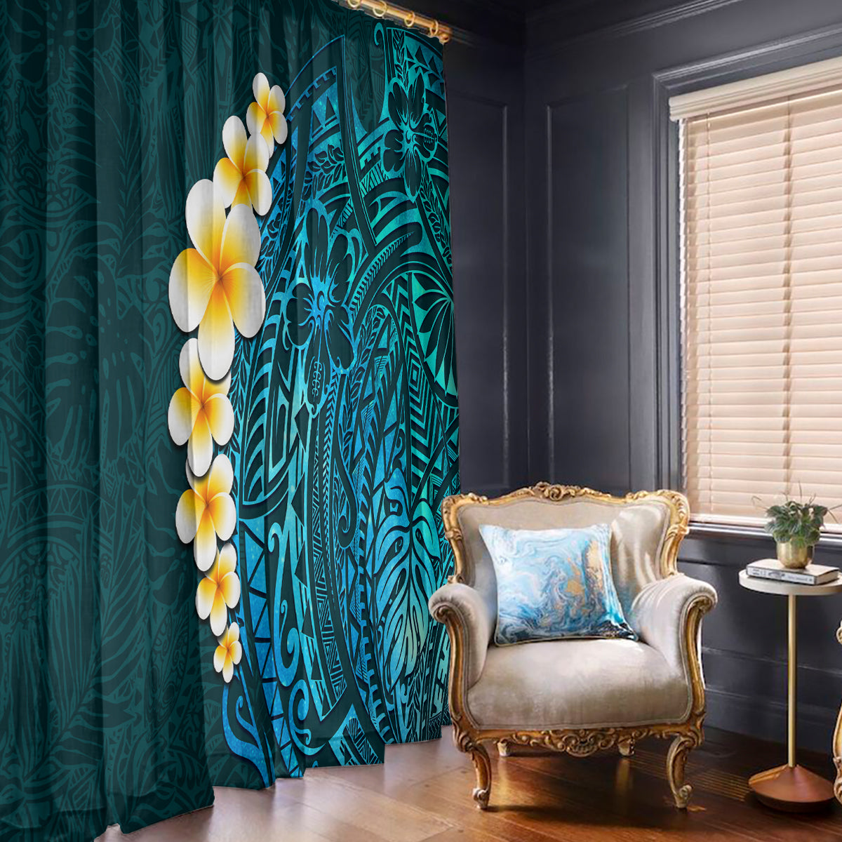Turquosie Polynesia Window Curtain Plumeria Tropical Leaves With Galaxy Polynesian Art - Wonder Print Shop