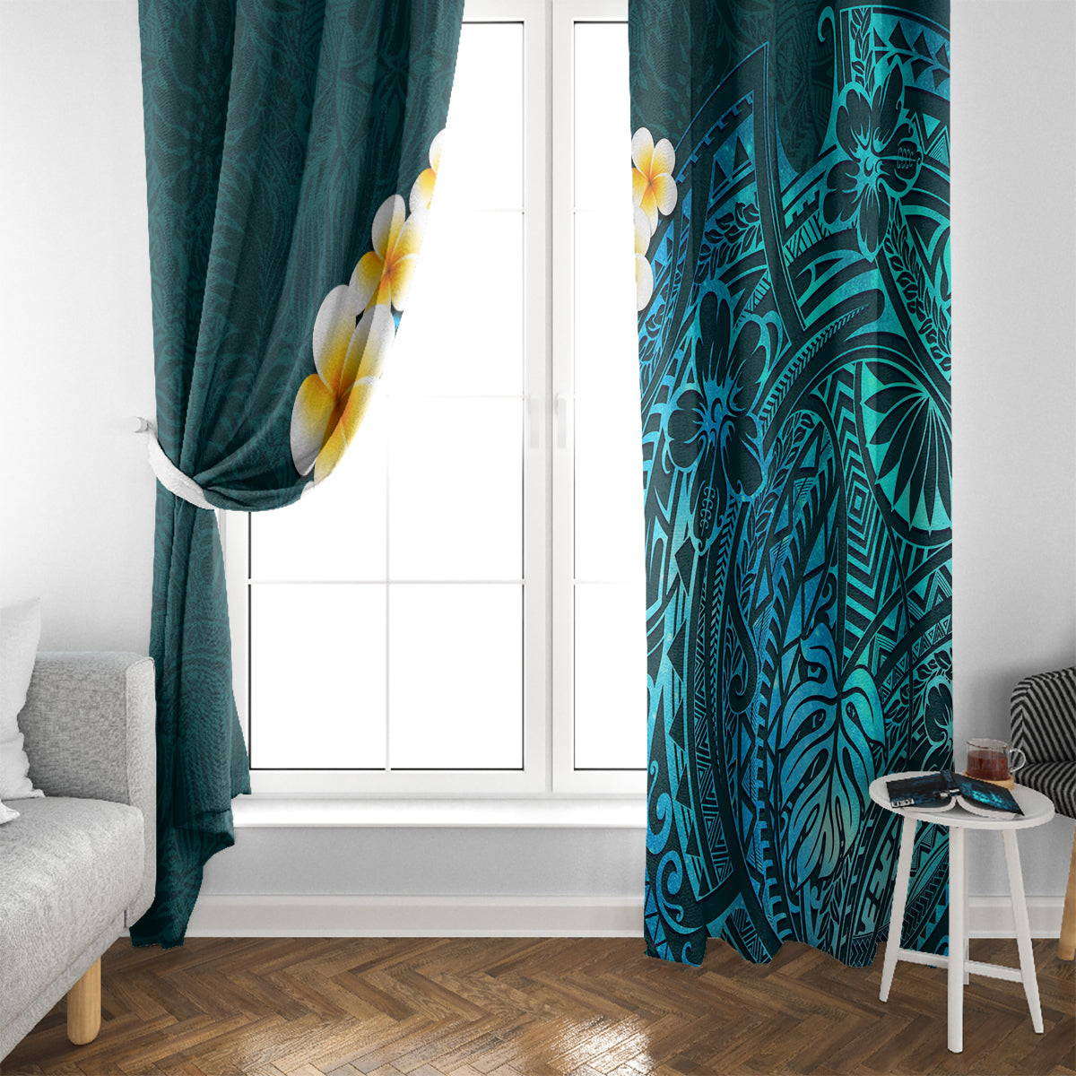 Turquosie Polynesia Window Curtain Plumeria Tropical Leaves With Galaxy Polynesian Art - Wonder Print Shop