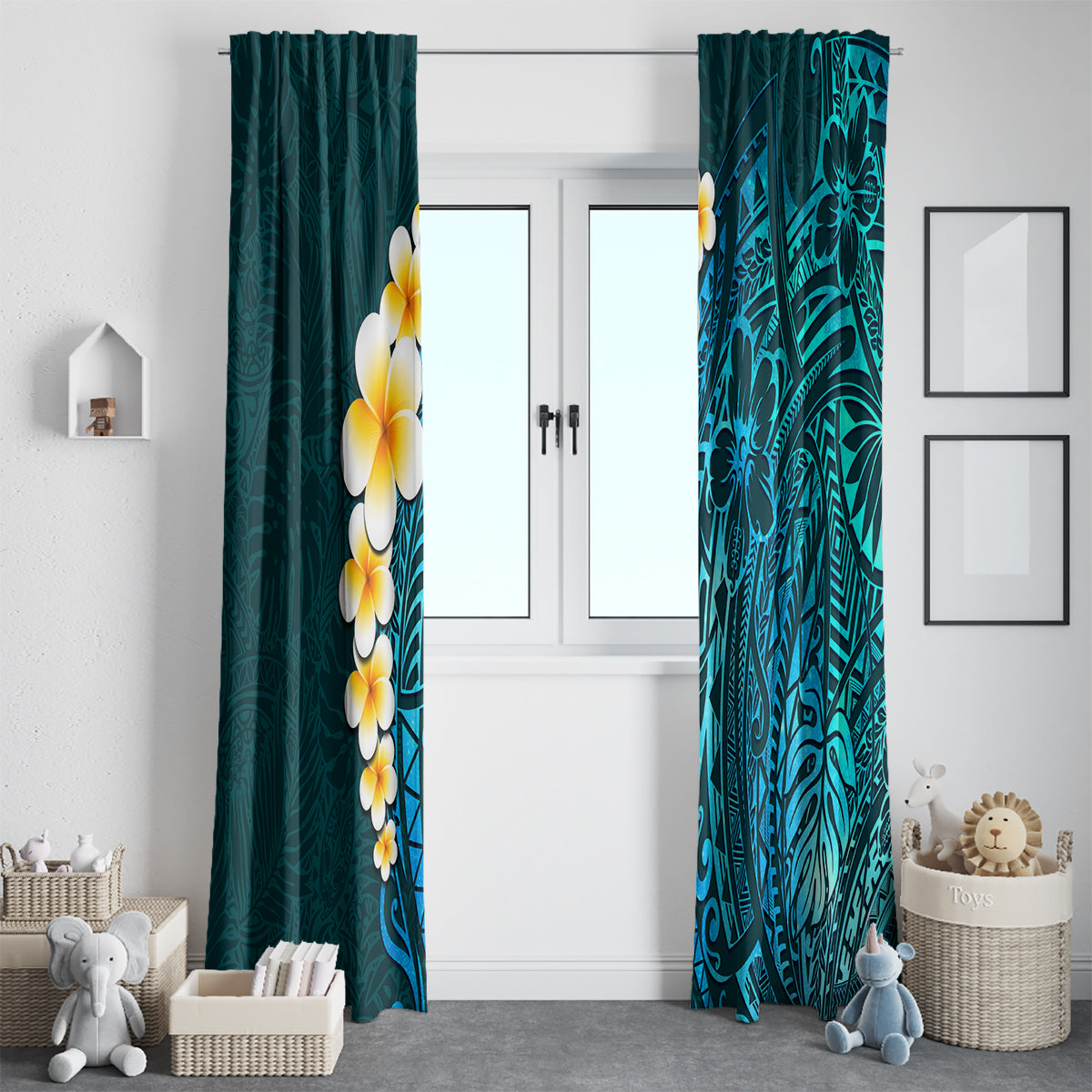Turquosie Polynesia Window Curtain Plumeria Tropical Leaves With Galaxy Polynesian Art - Wonder Print Shop