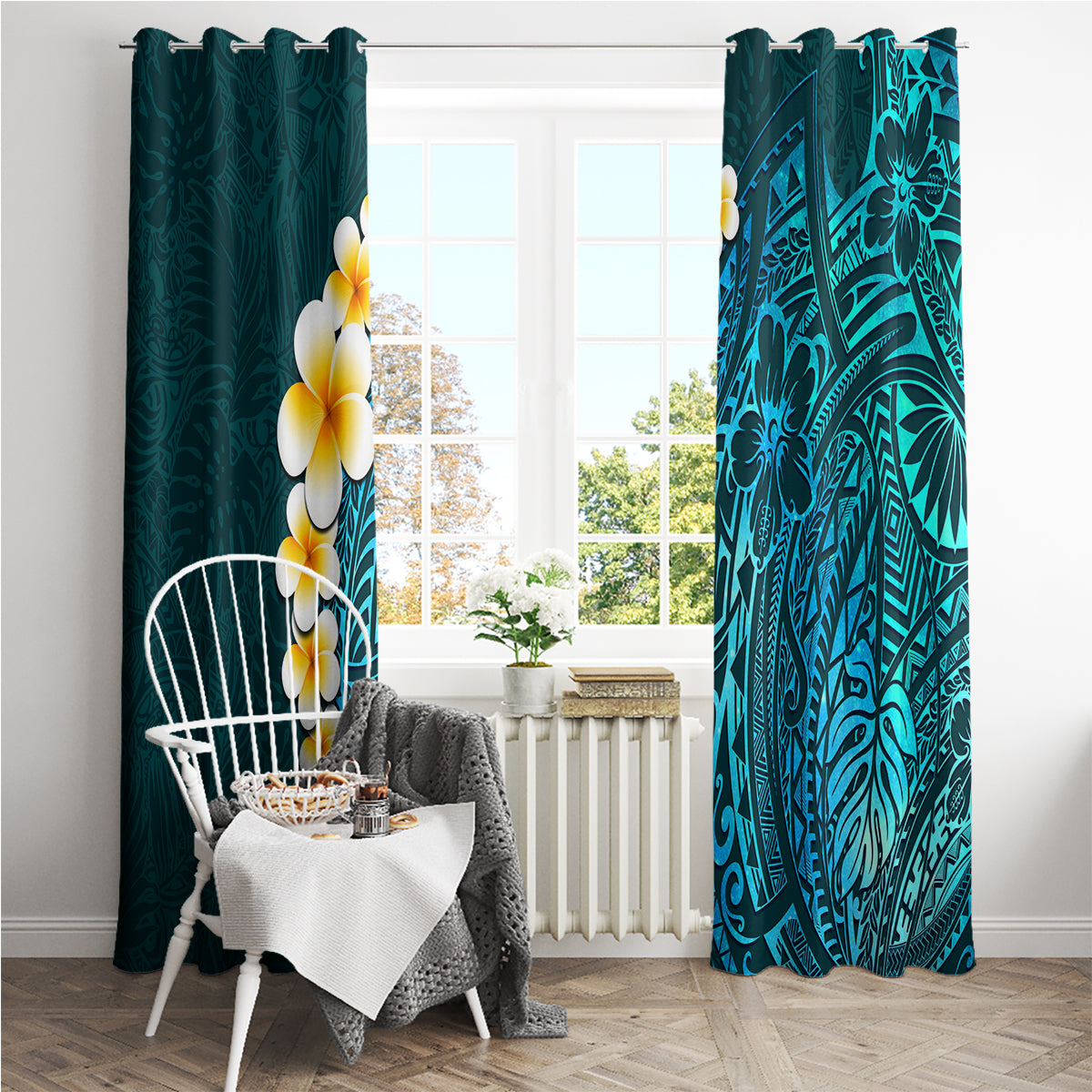 Turquosie Polynesia Window Curtain Plumeria Tropical Leaves With Galaxy Polynesian Art - Wonder Print Shop