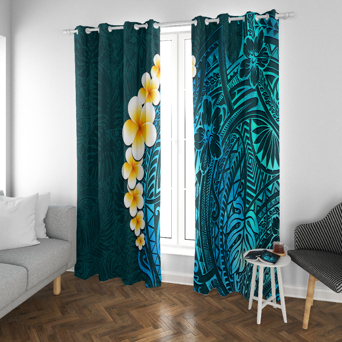 Turquosie Polynesia Window Curtain Plumeria Tropical Leaves With Galaxy Polynesian Art - Wonder Print Shop