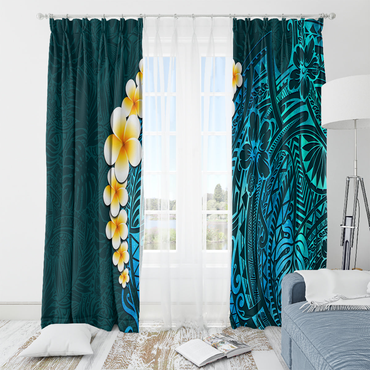 Turquosie Polynesia Window Curtain Plumeria Tropical Leaves With Galaxy Polynesian Art - Wonder Print Shop