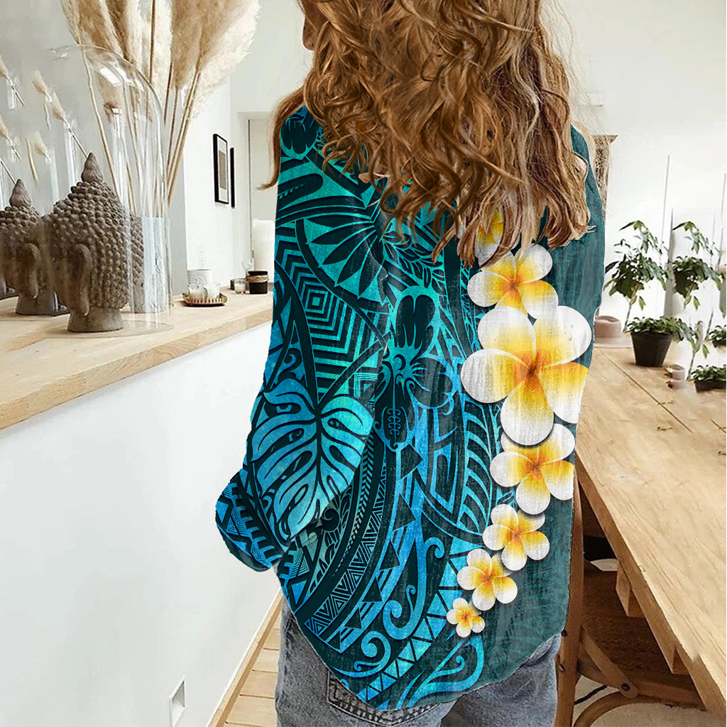 Turquosie Polynesia Women Casual Shirt Plumeria Tropical Leaves With Galaxy Polynesian Art - Wonder Print Shop