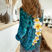 Turquosie Polynesia Women Casual Shirt Plumeria Tropical Leaves With Galaxy Polynesian Art - Wonder Print Shop