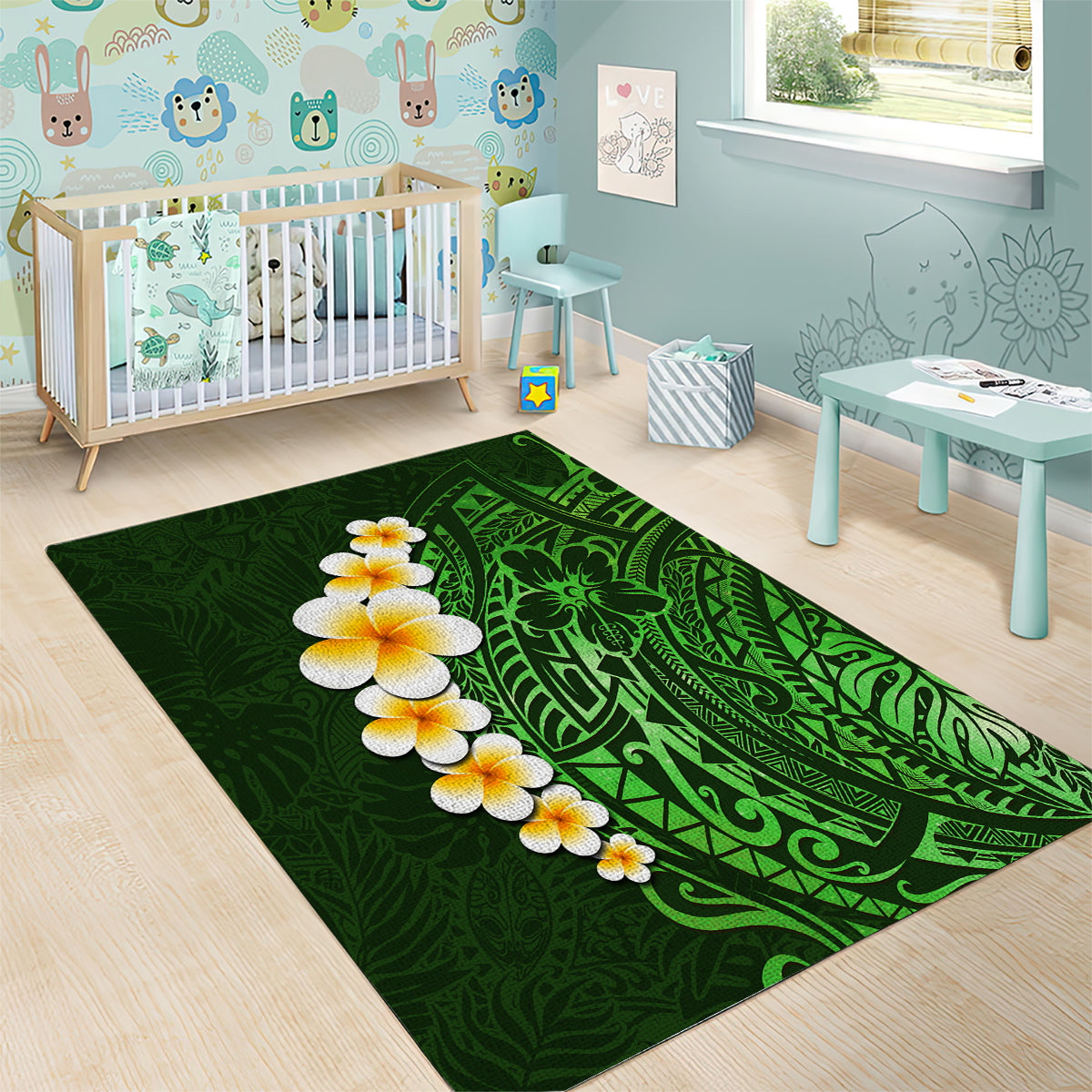 Green Polynesia Area Rug Plumeria Tropical Leaves With Galaxy Polynesian Art - Wonder Print Shop