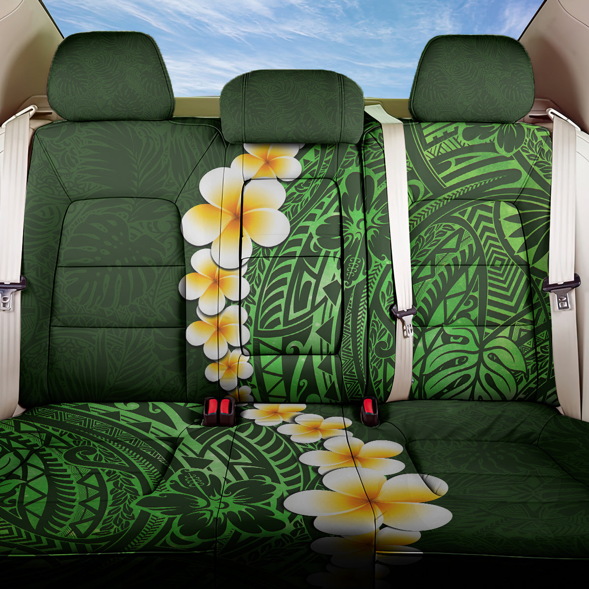 Green Polynesia Back Car Seat Cover Plumeria Tropical Leaves With Galaxy Polynesian Art - Wonder Print Shop