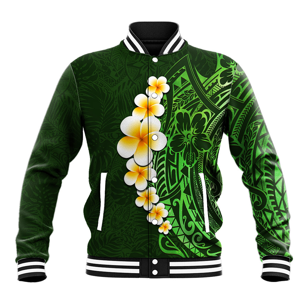 Green Polynesia Baseball Jacket Plumeria Tropical Leaves With Galaxy Polynesian Art - Wonder Print Shop