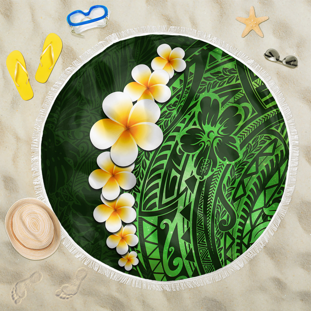 Green Polynesia Beach Blanket Plumeria Tropical Leaves With Galaxy Polynesian Art - Wonder Print Shop